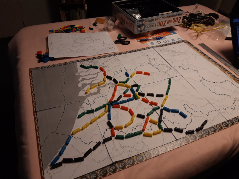 First printed version of the map, with trains on it to determine intersections and segments.